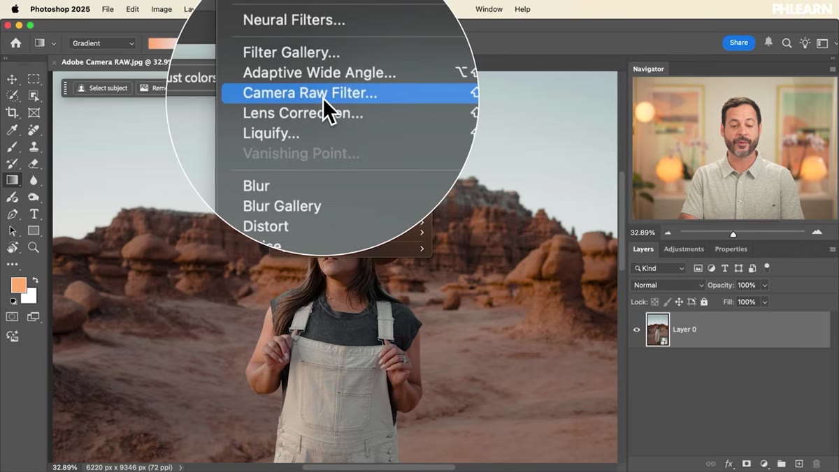 Camera Raw filter dialog opening from Filter menu