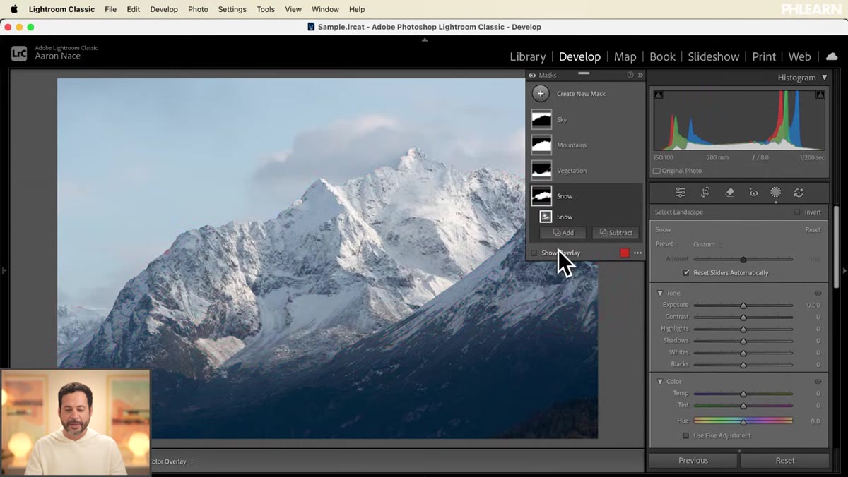 Snow mask selected with adjustment sliders visible
