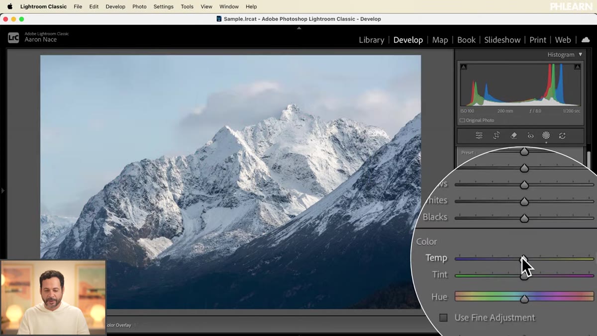 Sky mask selected, color temperature slider being moved