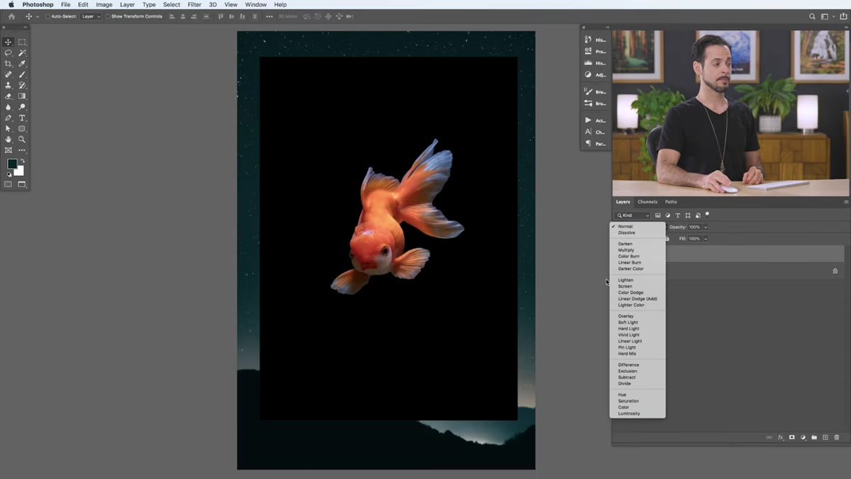 Screen blending mode applied, black background disappearing from the fish layer