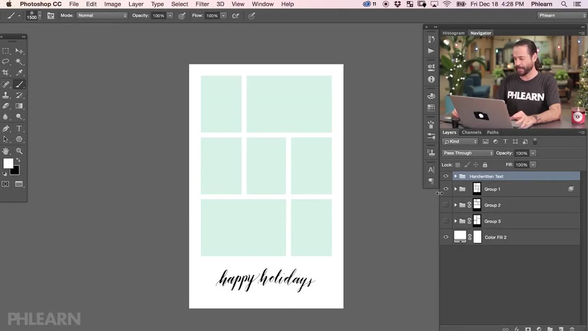 Holiday card template open in Photoshop with grouped layers visible