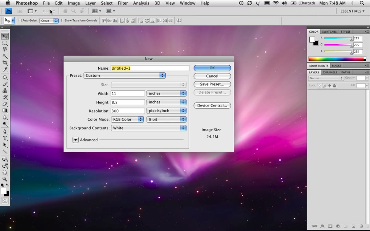 New document dialog open with landscape dimensions entered