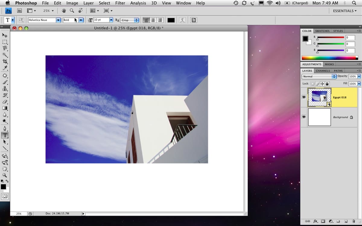 Text tool active with Helvetica typed below centered photo