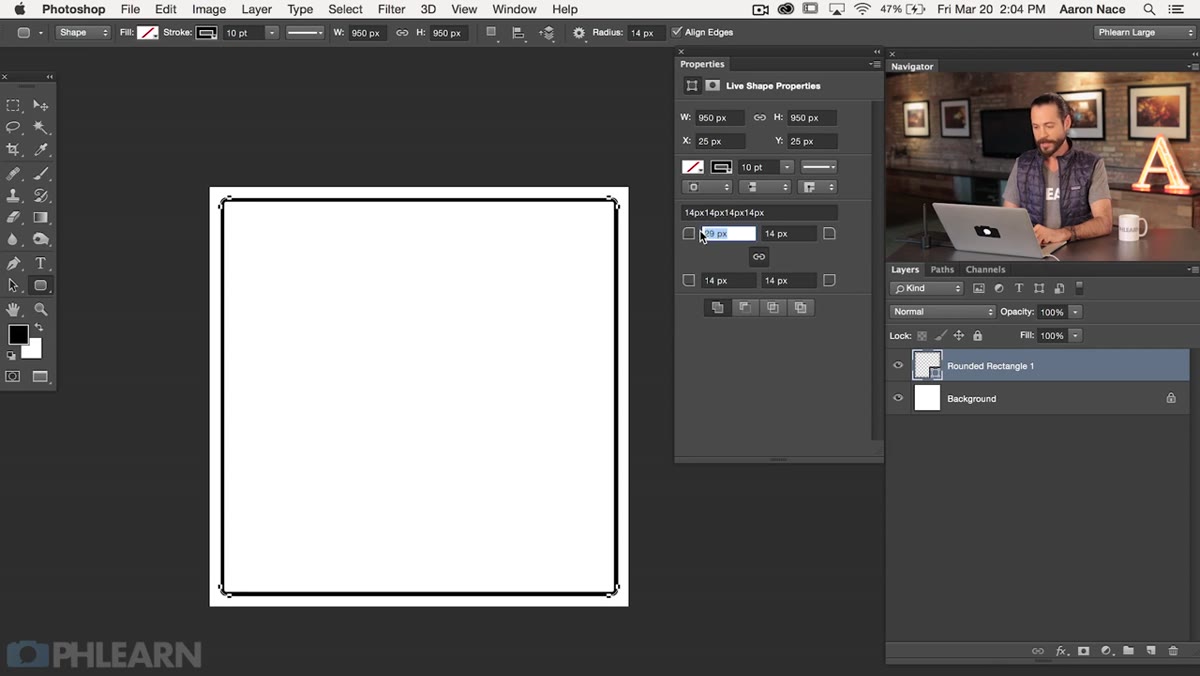 Properties panel showing corner radius field set to 140 pixels