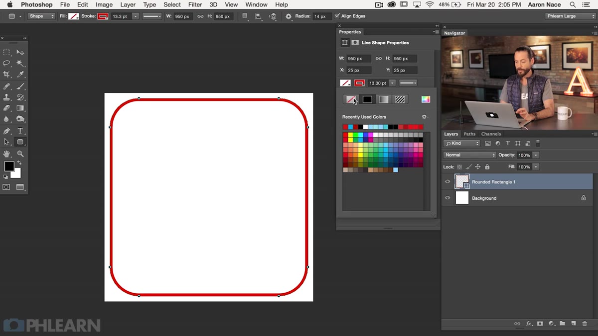 Gradient editor open with sampled iOS 8 colors applied to shape