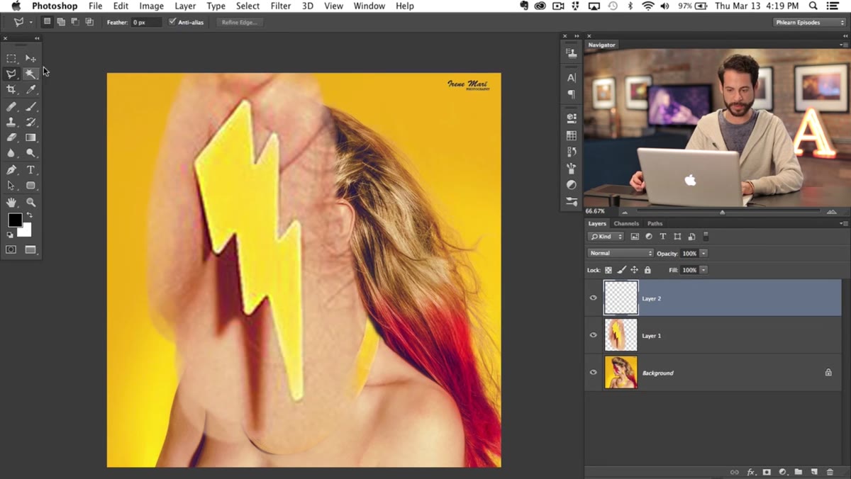 Lasso tool drawing a lightning bolt shape on a new layer