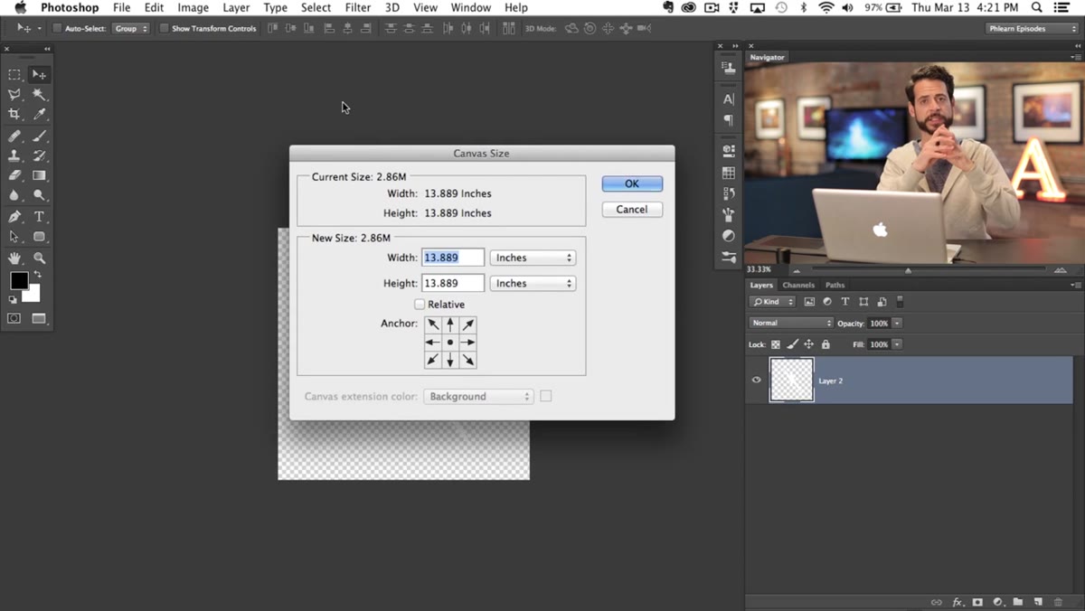 Canvas Size dialog showing 500% width and height values