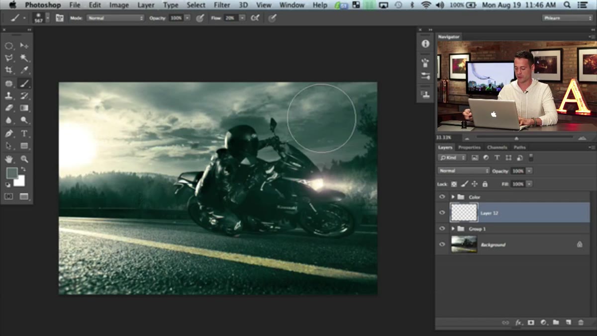 New layer created, Brush panel open in Photoshop