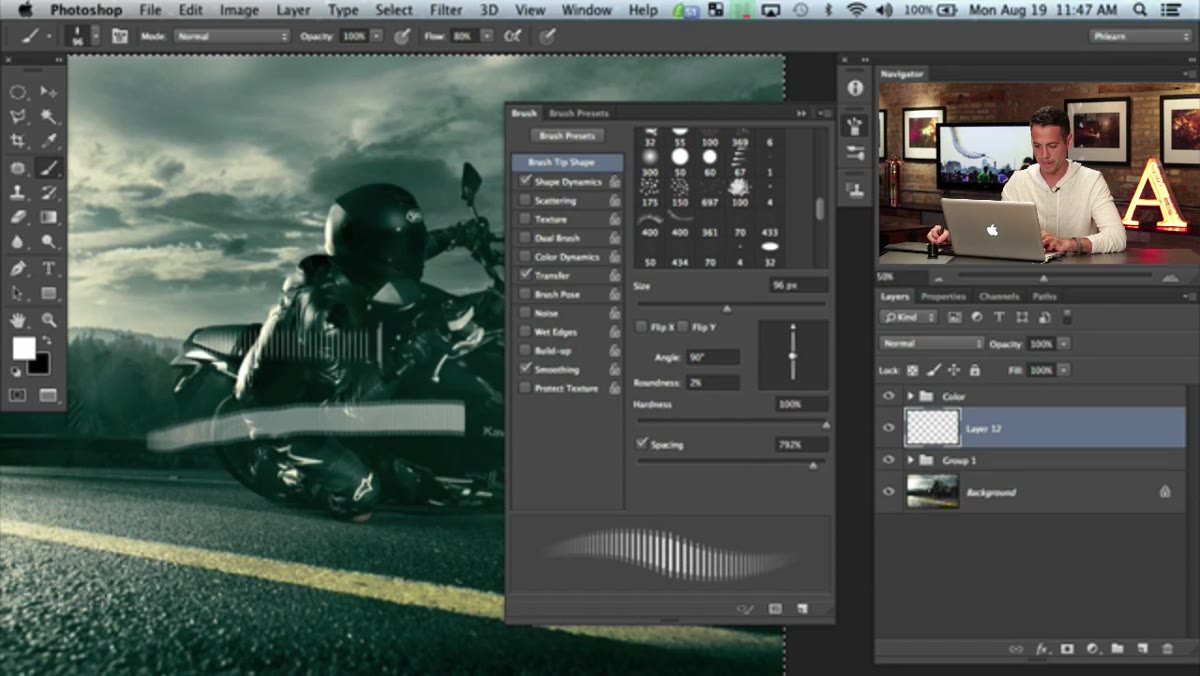 Brush panel showing spacing and size settings adjusted