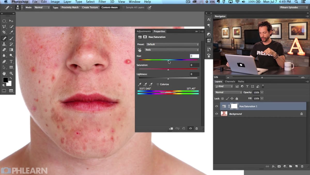 Hue and Saturation sliders cranked up, skin showing exaggerated green tones