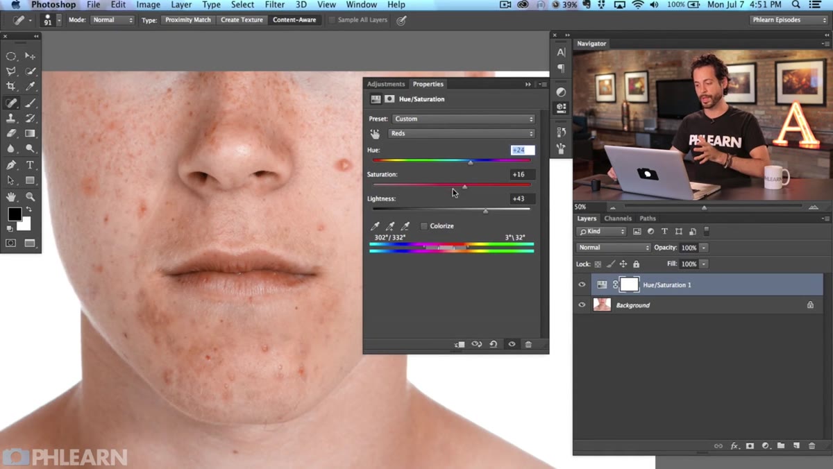 Layer mask painted black over lips and eyes to protect them from adjustment