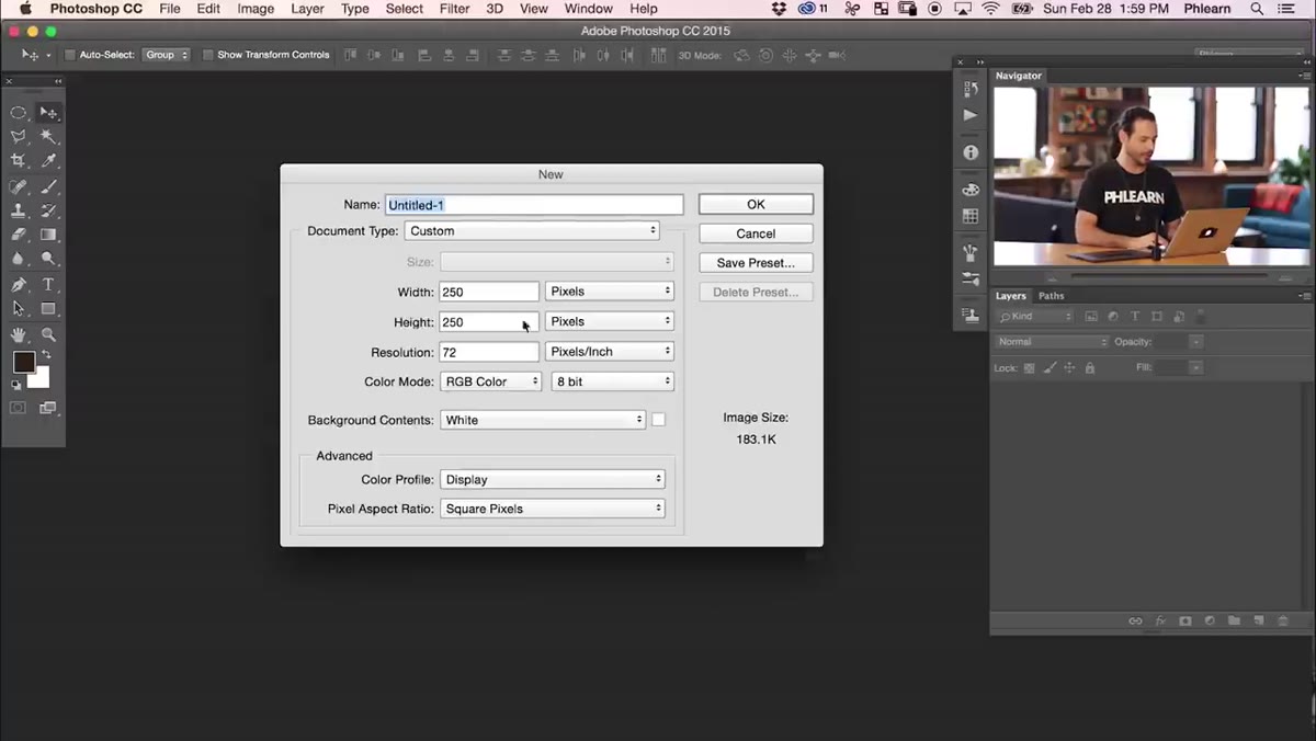 New Document dialog with 1440 x 900 entered in width and height fields