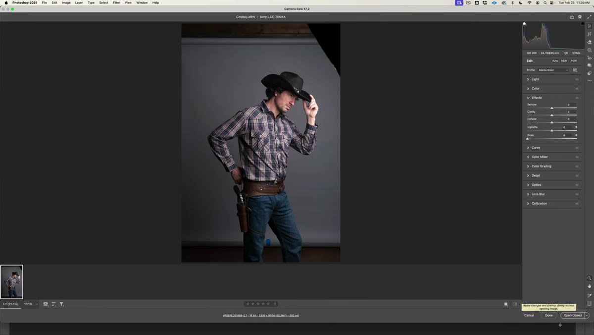 Camera Raw open with &ldquo;Open Object&rdquo; button visible