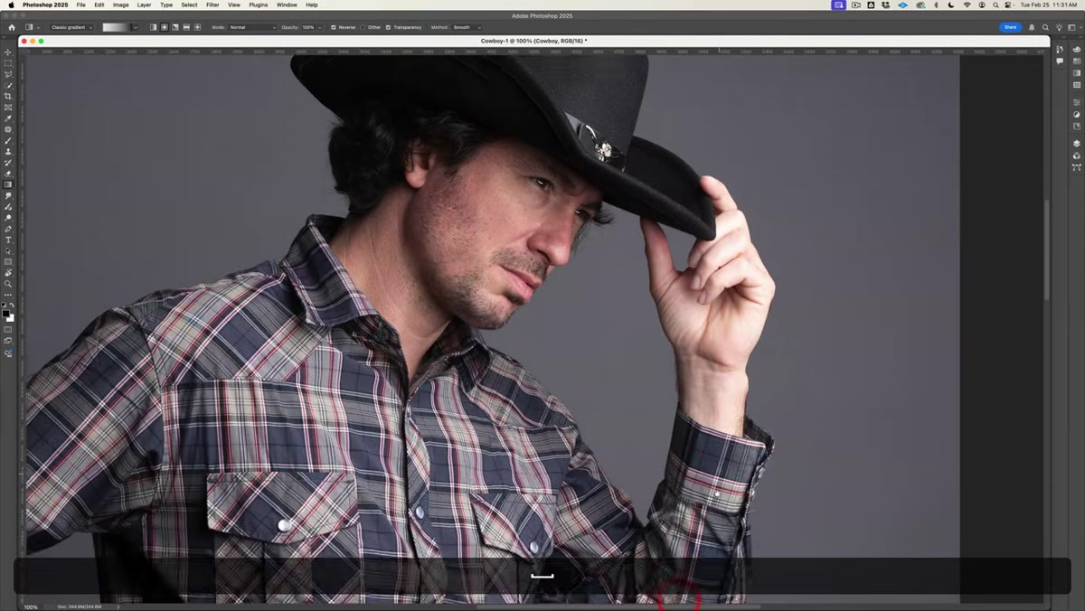Photoshop canvas zoomed to 300% on cowboy image