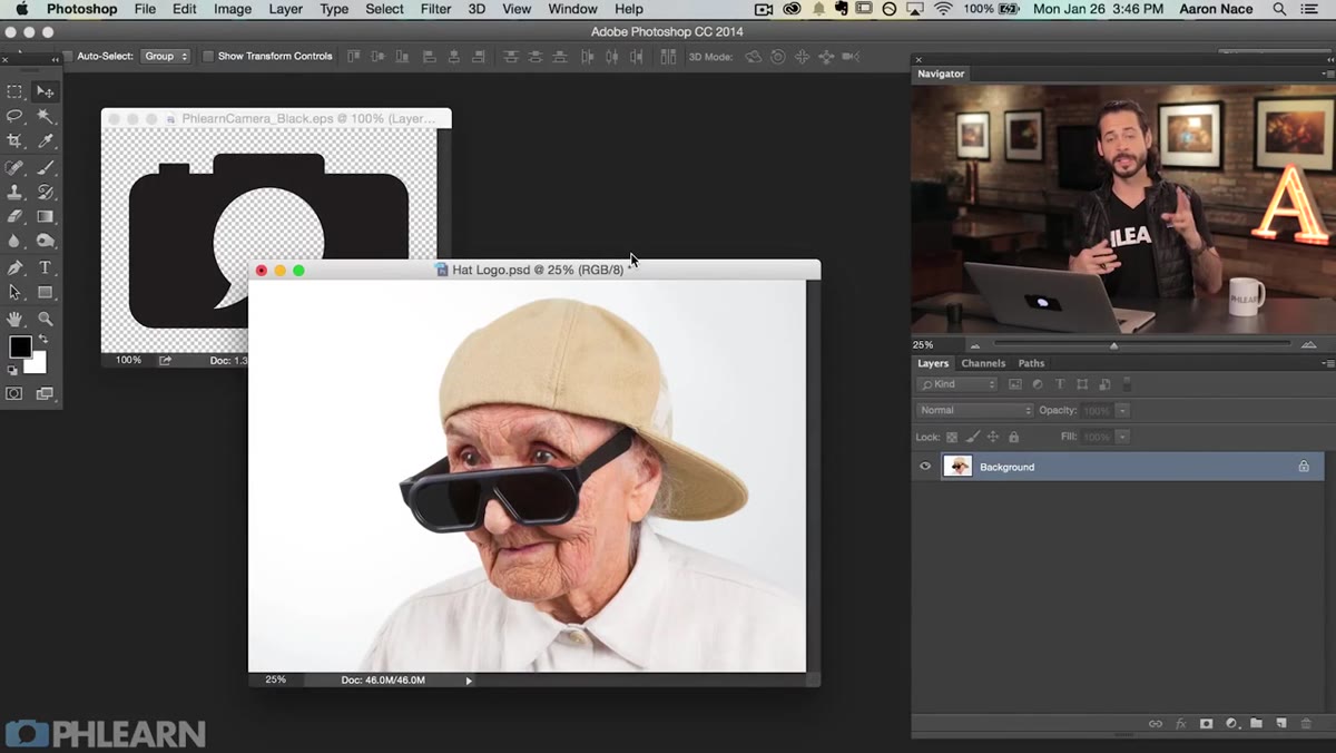 Two open documents: the logo file and the hat photo