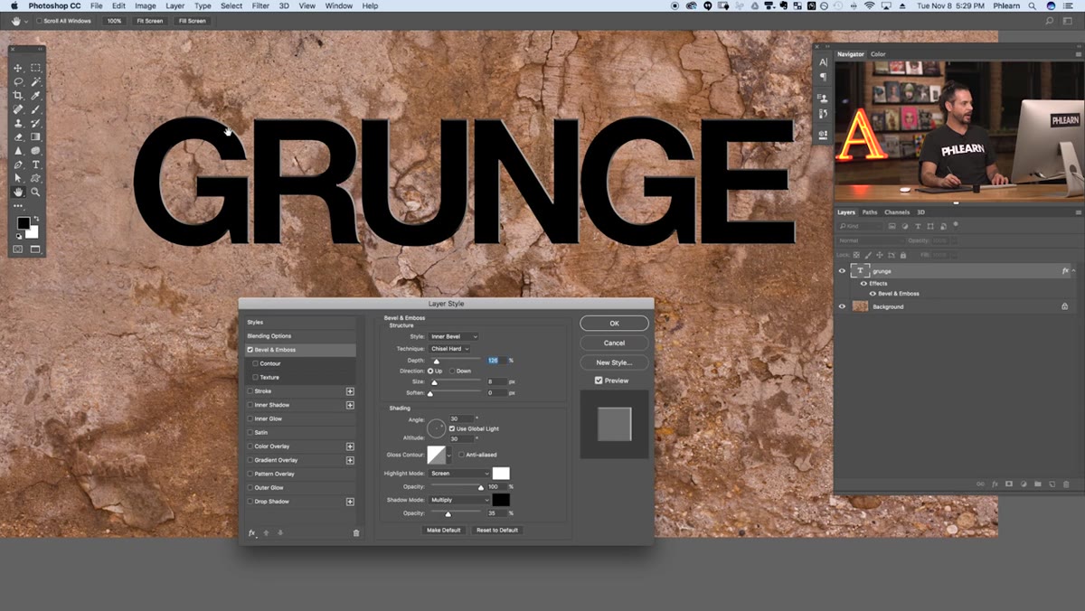 Bevel and Emboss settings with depth and technique adjusted