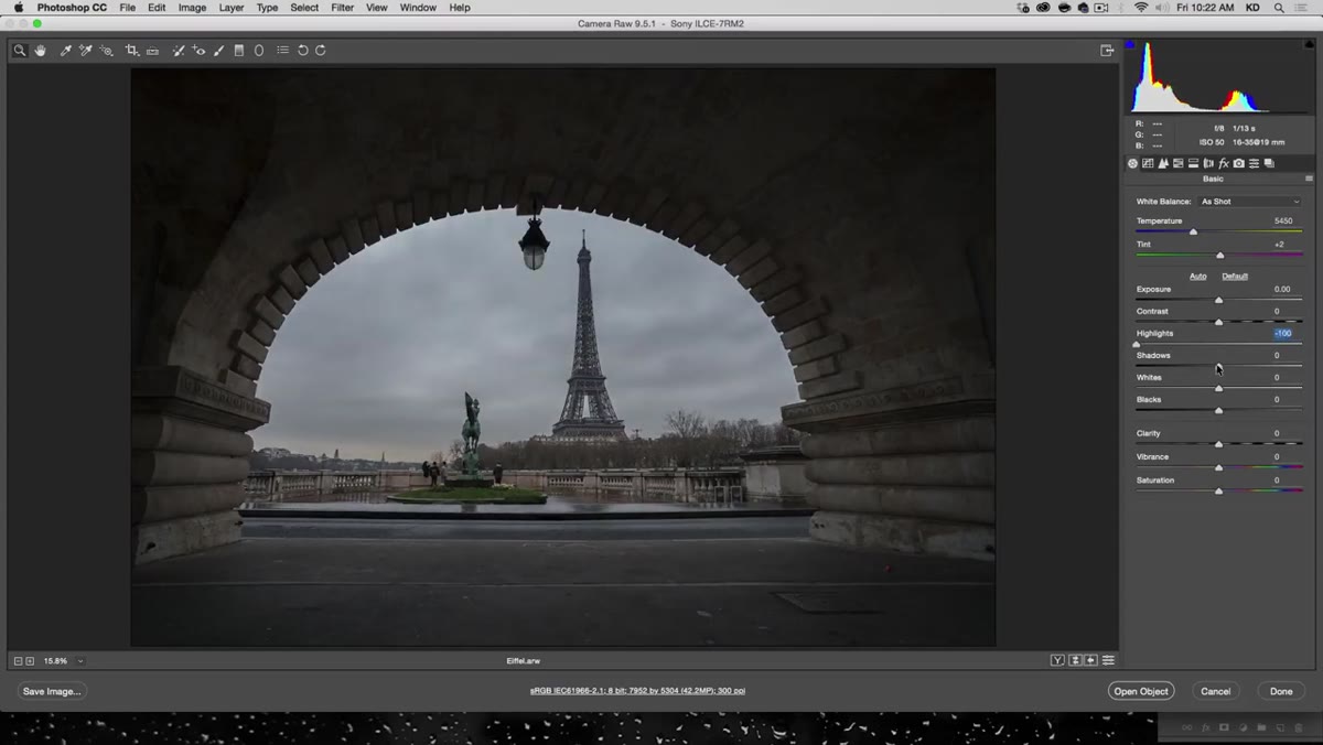Camera Raw panel open with highlights and shadows sliders adjusted