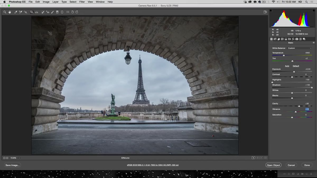 Crop tool active with handles being dragged on the Eiffel Tower photo
