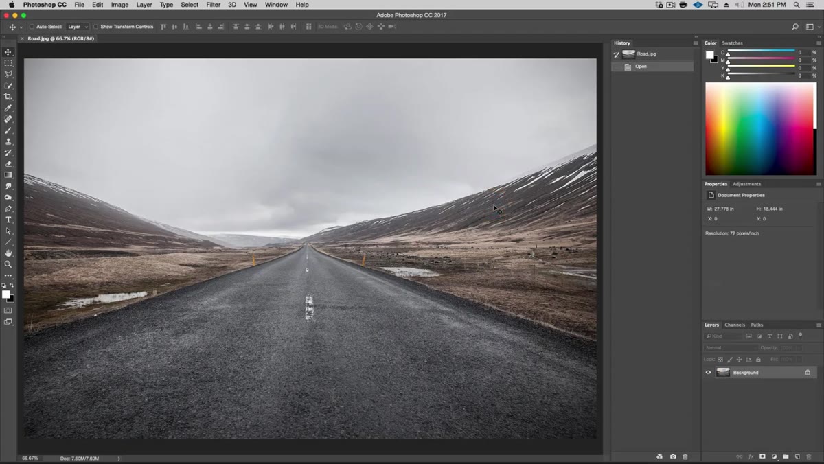 Two source files open in Photoshop, road and sky images side by side