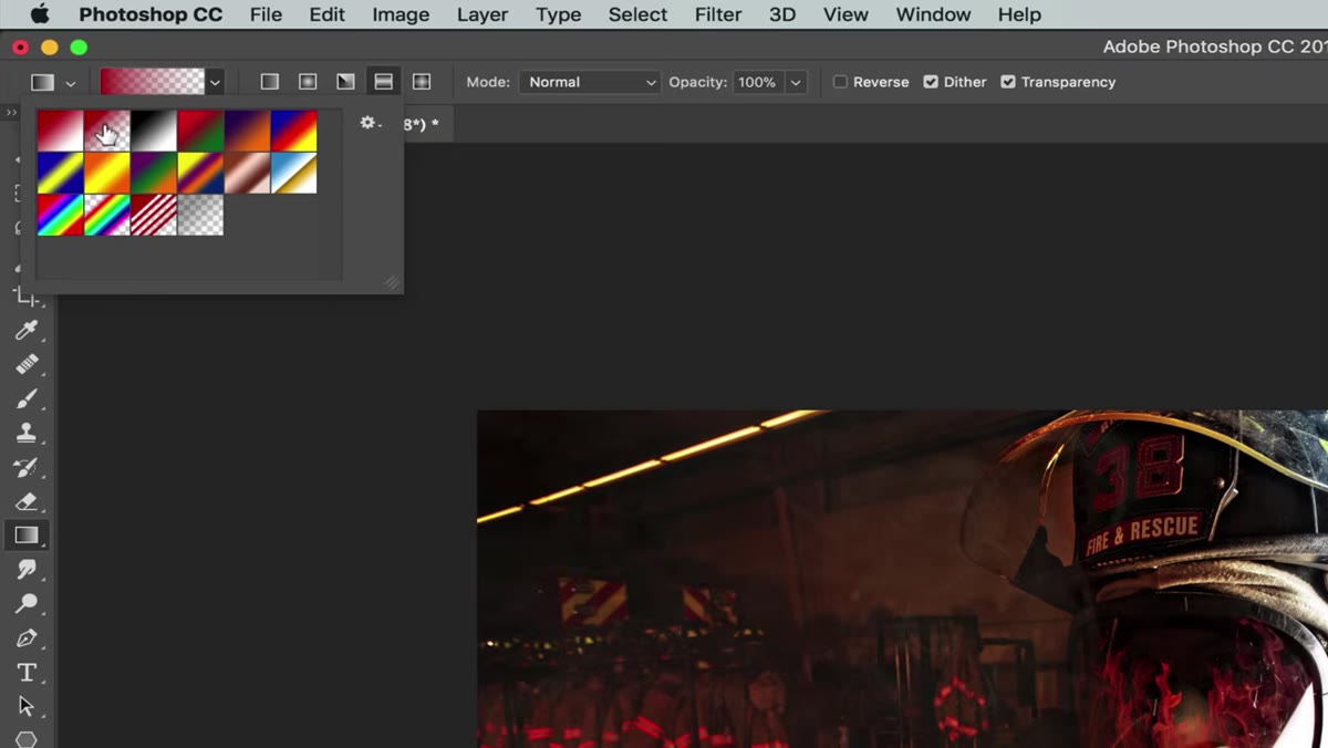 Gradient tool options bar showing foreground-to-transparent preset