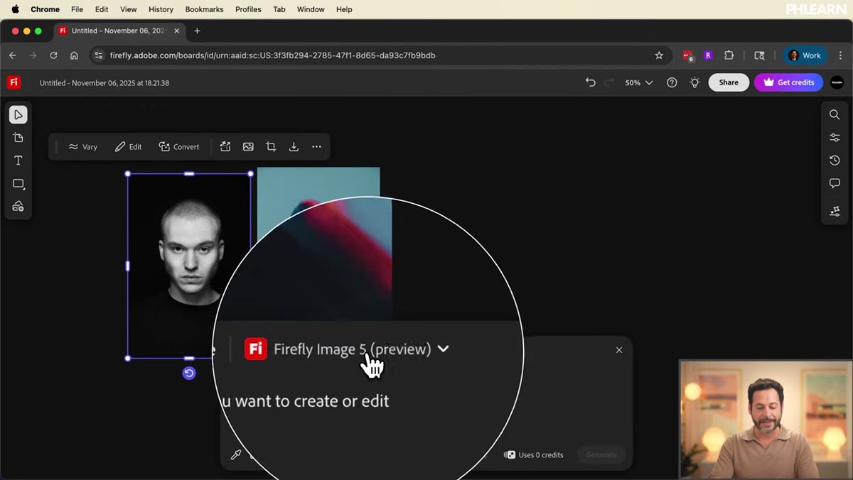 Generate Image panel open showing multiple Firefly and Flux model options