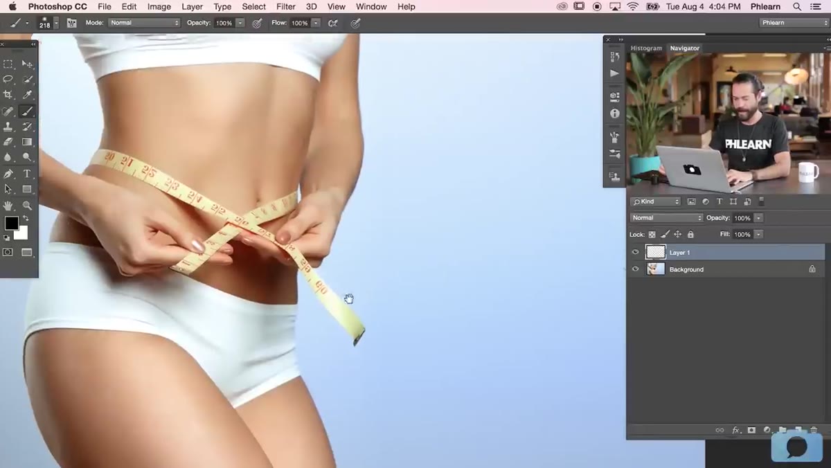 Photoshop toolbar showing Opacity and Flow fields both at 100%