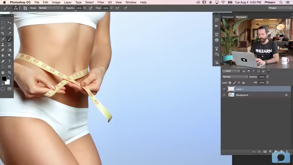 Brush tool active with opacity set low, demonstrating single-stroke cap