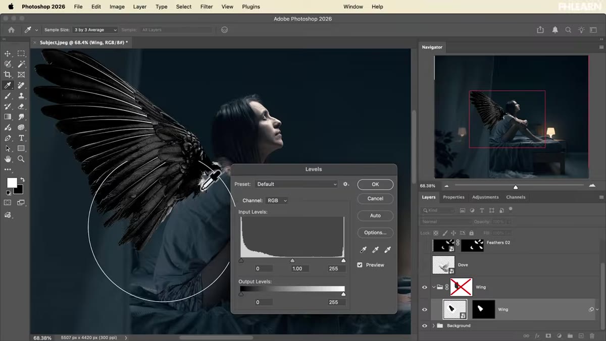 Wing element being blended onto subject with light matching