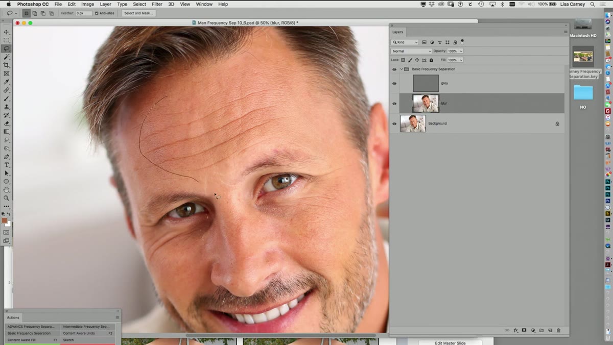 Lasso tool active, selecting a region on the low-frequency layer
