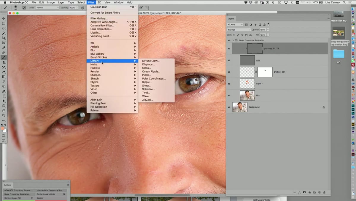Dust and Scratches filter dialog open with Radius 10, Threshold 6