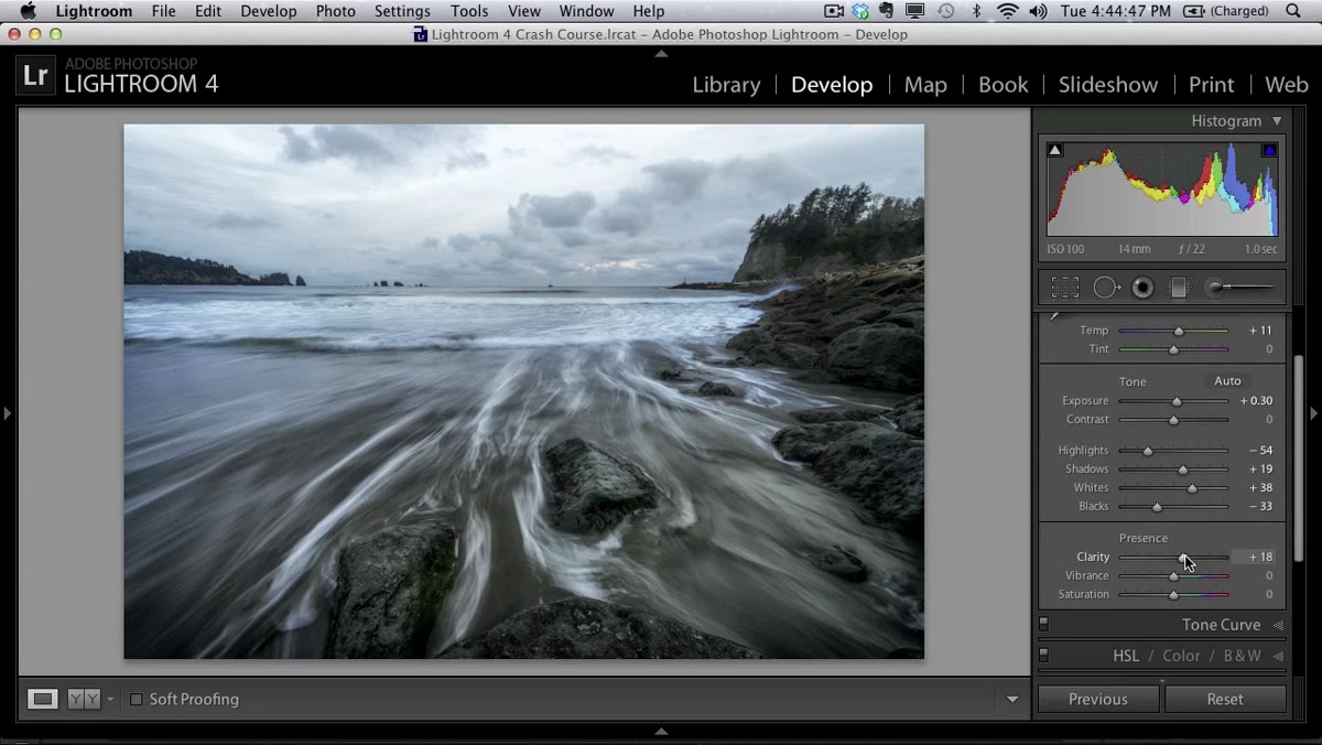 Clarity slider being adjusted in Basic panel, backslash key toggling before/after
