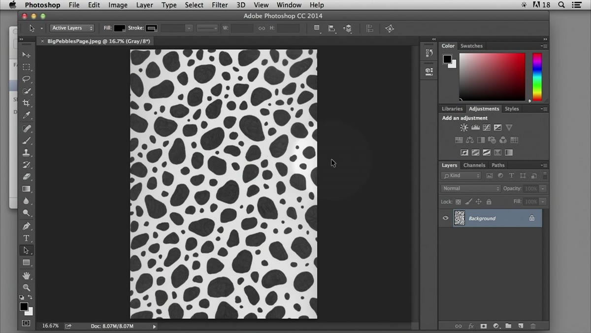Hand-drawn scanned JPEG open in Photoshop workspace