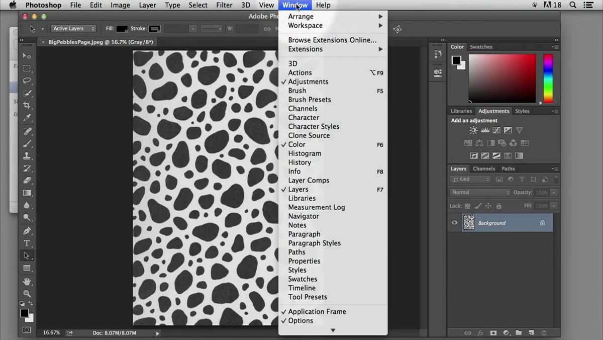 Adjustments panel open showing Brightness/Contrast option