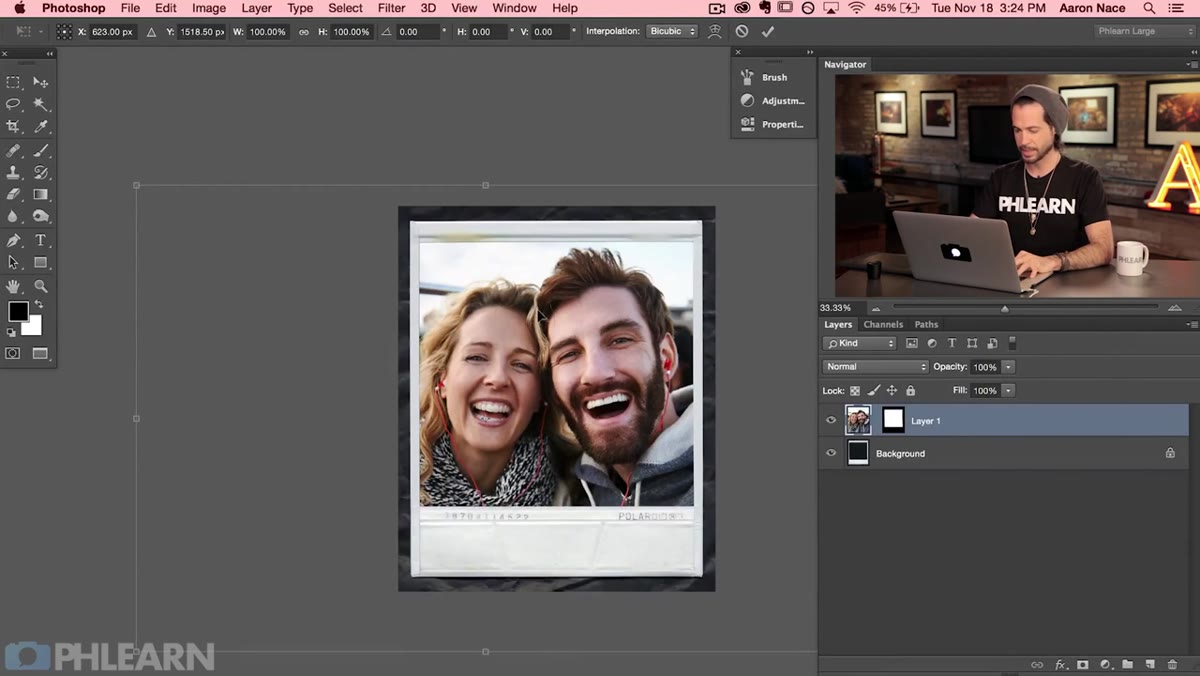 Free Transform handles visible, photo scaling inside Polaroid