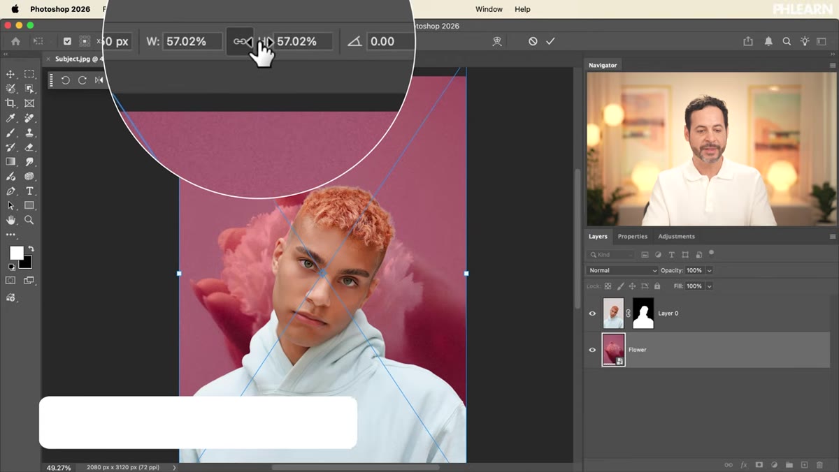 Using Free Transform to scale up the flower image
