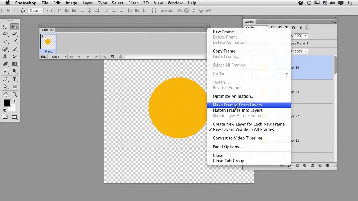 Timeline hamburger menu showing Make Frames from Layers option