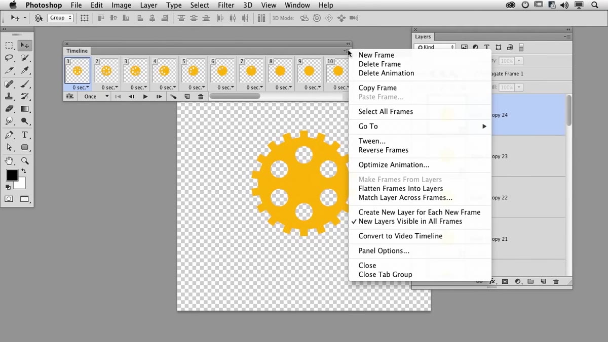Timeline menu with Reverse Frames option highlighted