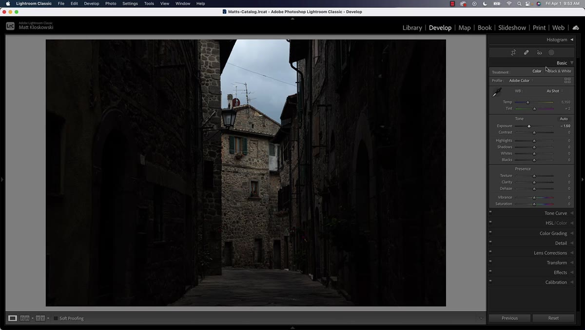 Basic panel with exposure slider pulled down significantly