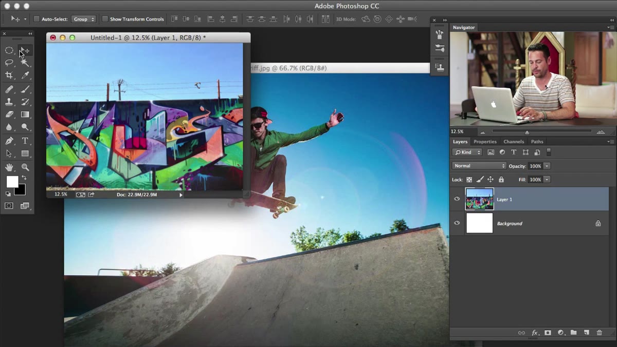 Dragging graffiti photo onto skateboarder image with Move tool