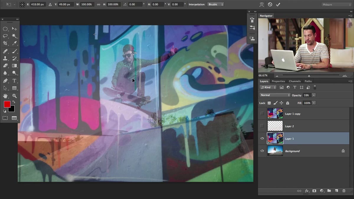 Free Transform bounding box active with toolbar options visible at top