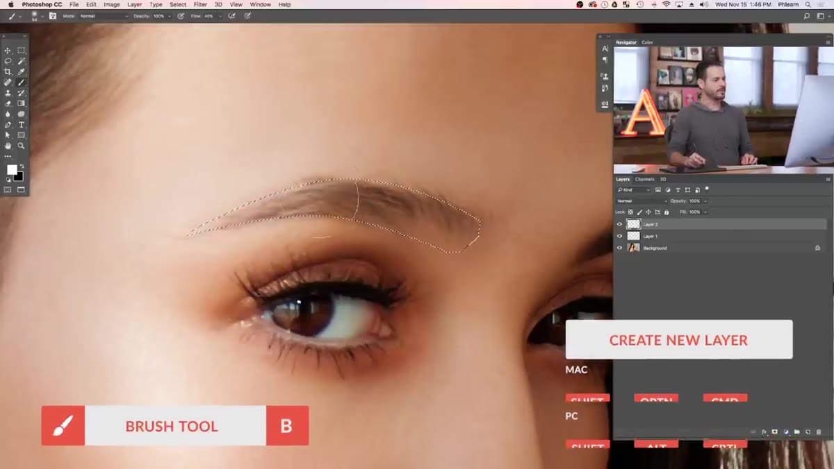 Eyedropper sampling color from existing eyebrow hair