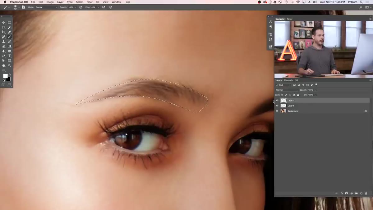 Large soft brush painting inside eyebrow selection on new layer