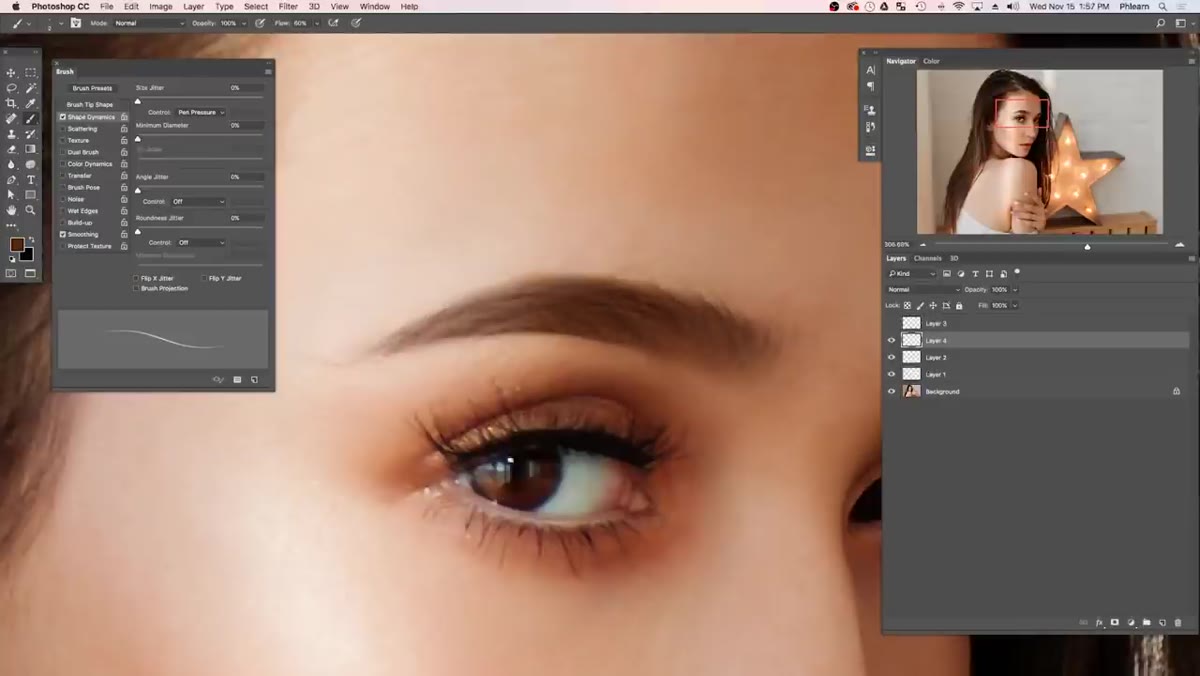 Fine brush strokes being painted to simulate individual eyebrow hairs