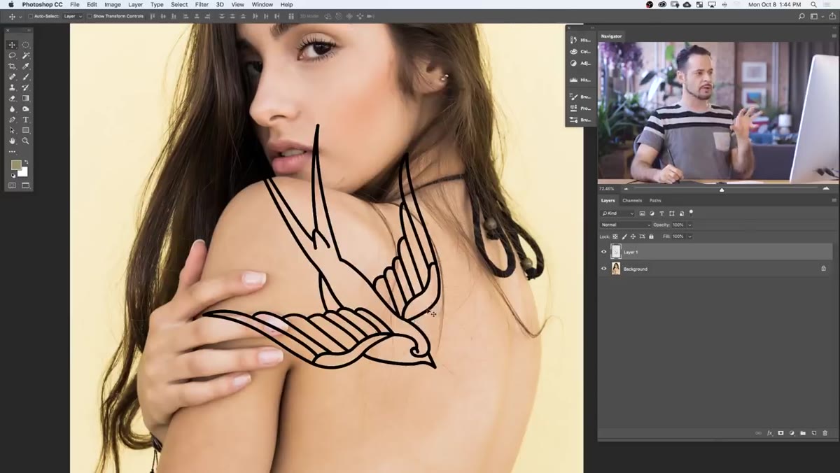 Clean illustrator-style design placed over photo background