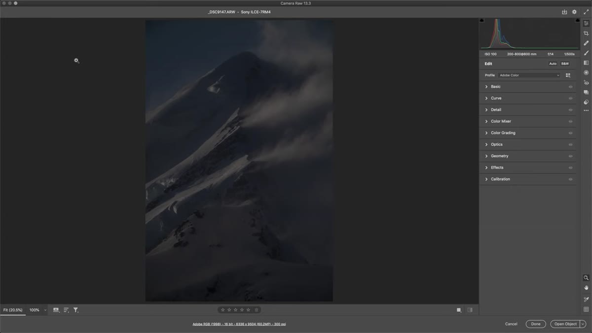 Raw mountain image open in Adobe Camera Raw