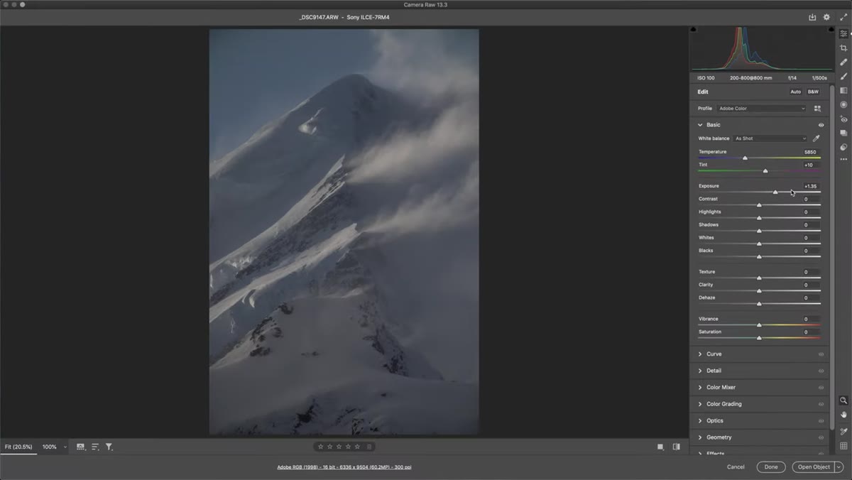 Exposure slider being pulled up in Camera Raw