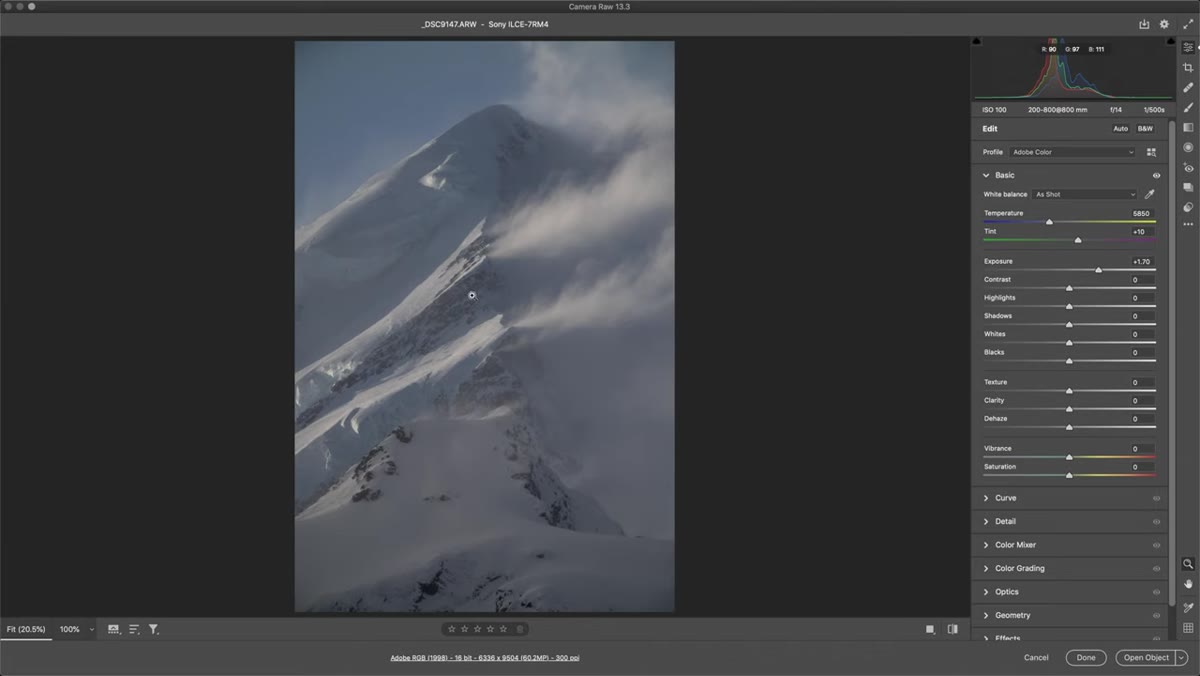 Histogram showing midtone-heavy distribution in Camera Raw