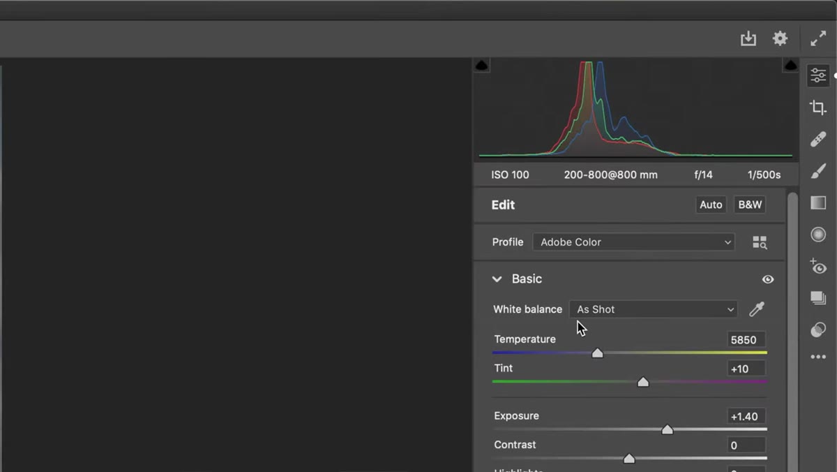 Tone sliders being adjusted to push highlights and deepen shadows