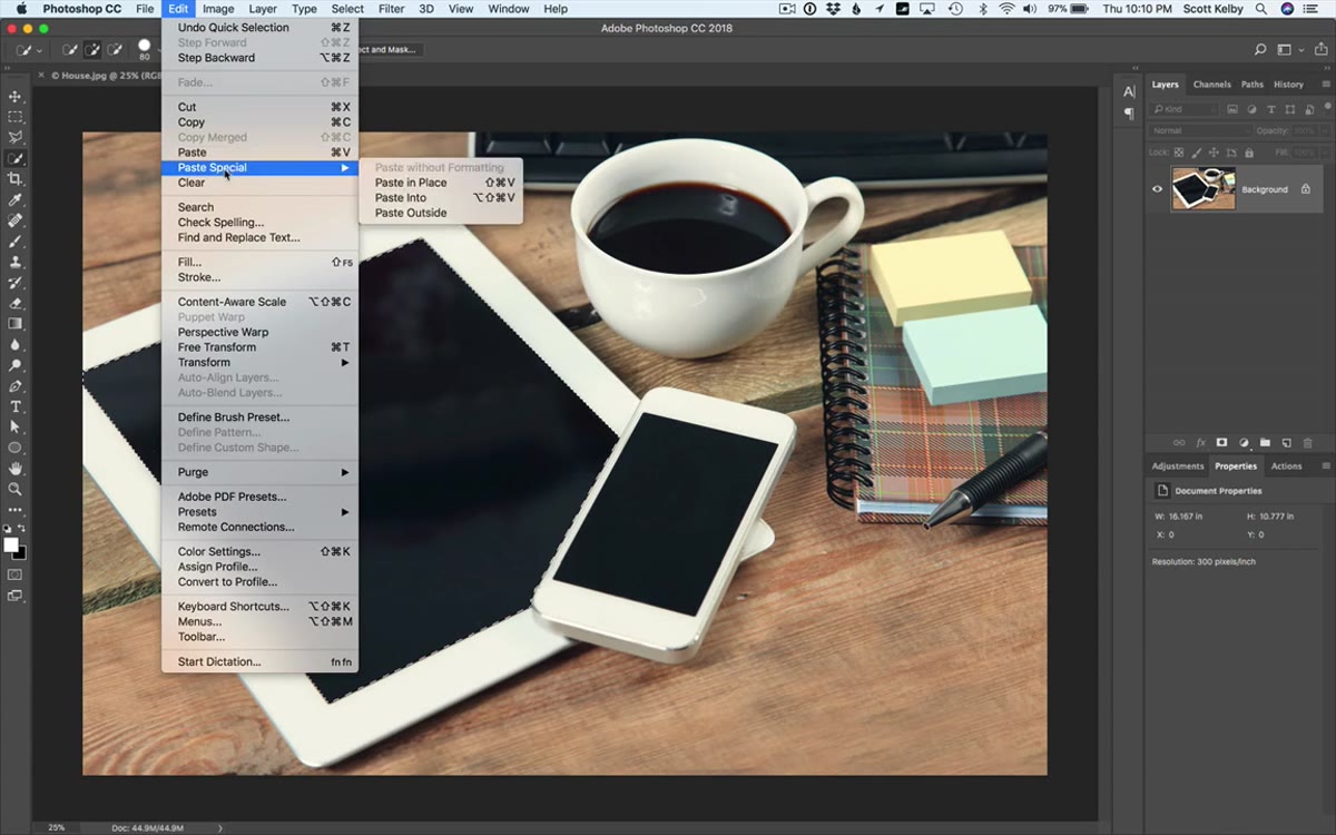 Edit menu open showing Paste Special > Paste Into option