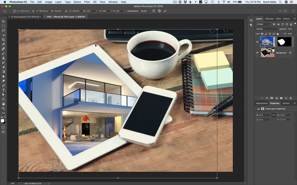 Free Transform handles visible with image scaled down inside screen